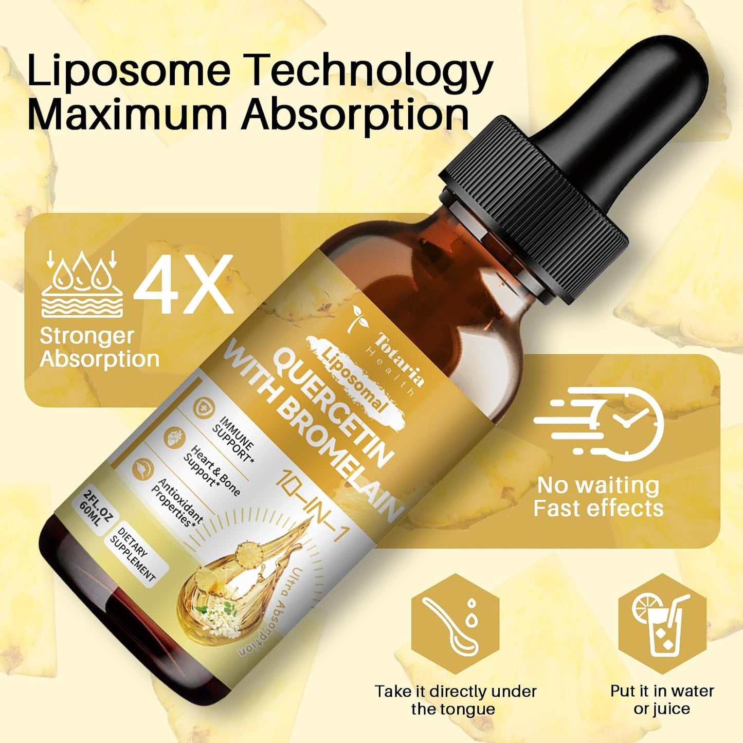 Totaria Liposomal Quercetin with Bromelain Liquid Drops - High Absorption Quercetin 1000mg & Bromelain 500mg Plus Elderberry,Vitamin C,Zinc for Immune & Antioxidant & Heart & Bone Support- 2 Fl Oz