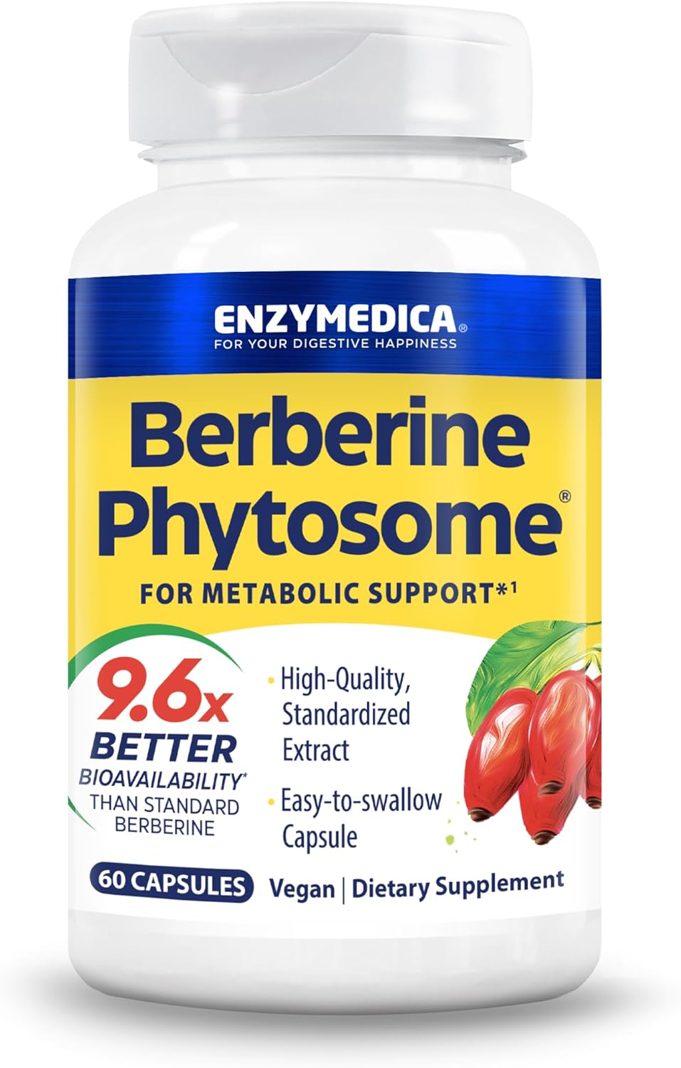 Enzymedica Berberine Phytosome High Absorption Supplement - Berbevis Berberine Phytosome Capsules for Men & Women, Bioavailable Formula, Natural Metabolic Health Support, Vegan, Gluten Free - 60 Caps