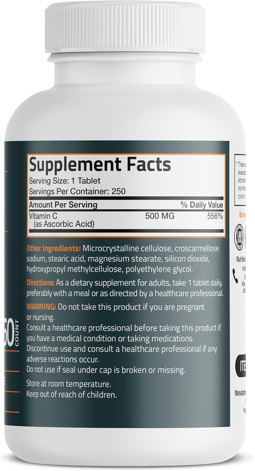 Bronson Vitamin C 500 mg Immune & Antioxidant Support, Non-GMO, 250 Tablets | Daily Vitamin C Replenishment, Vegetarian Formula, Gluten-Free & Soy-Free