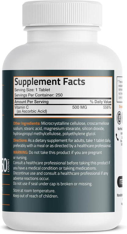 Bronson Vitamin C 500 mg Immune & Antioxidant Support, Non-GMO, 250 Tablets | Daily Vitamin C Replenishment, Vegetarian Formula, Gluten-Free & Soy-Free