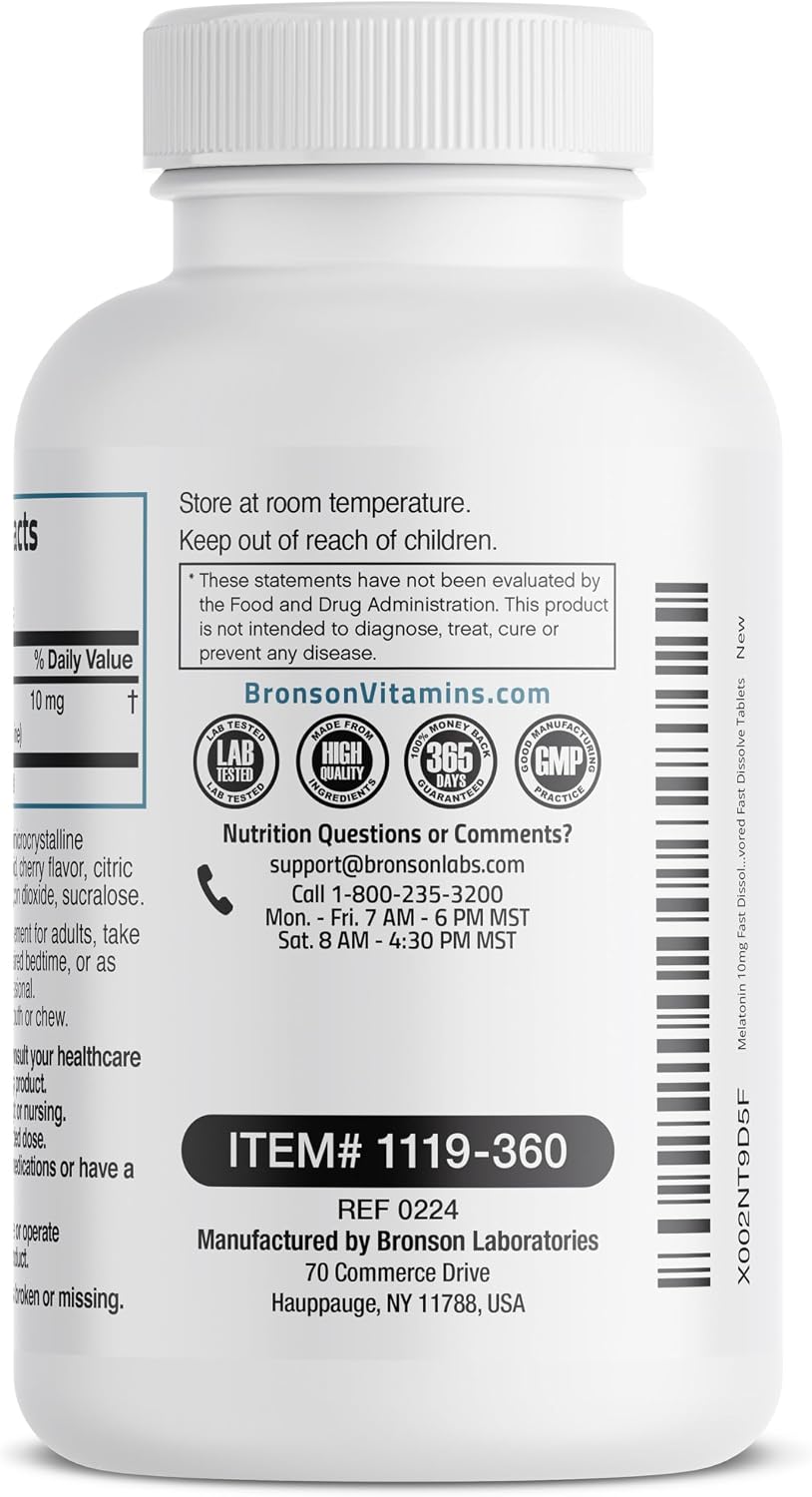 Bronson Melatonin 10mg Fast Dissolve Cherry Flavored Tablets Vegetarian Chewable Lozenges, 360 Count
