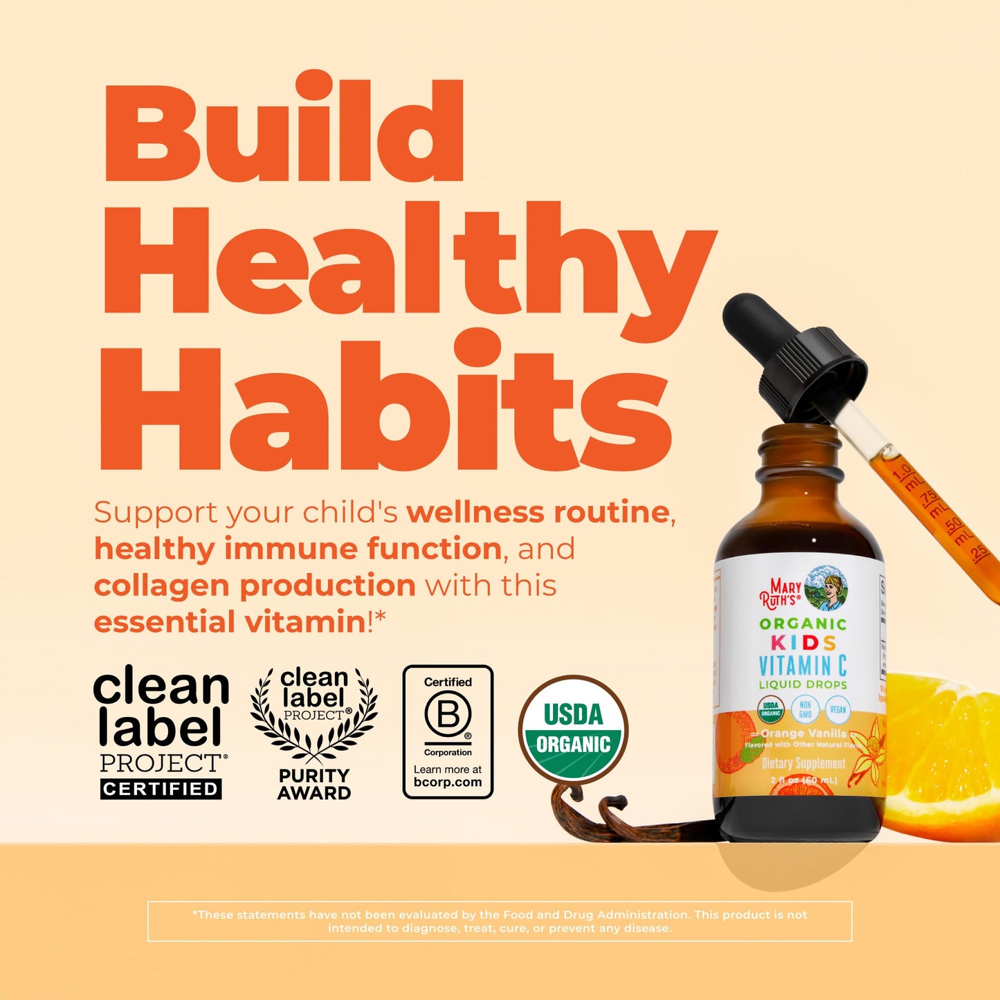 MARYRUTH'S USDA Organic Kids Vitamin C Drops Vegan Vitamin C Immune Support Supplement for Ages 4-13 | Immune Support & Overall Health | Vitamin C from Organic Acerola Fruit Extract | 2oz