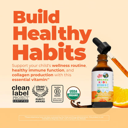 MARYRUTH'S USDA Organic Kids Vitamin C Drops Vegan Vitamin C Immune Support Supplement for Ages 4-13 | Immune Support & Overall Health | Vitamin C from Organic Acerola Fruit Extract | 2oz