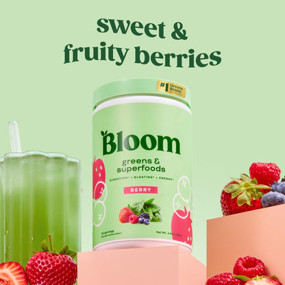 Bloom Nutrition Superfood Greens Powder, Berry, 30 Servings | Digestive Enzymes with Probiotics and Prebiotics, Gut Health, Bloating Relief for Women, Chlorella, Green Juice Mix