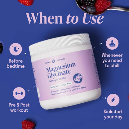 Magnesium Glycinate Powder + L Theanine, 60 Servings, 300mg, Mixed Berry