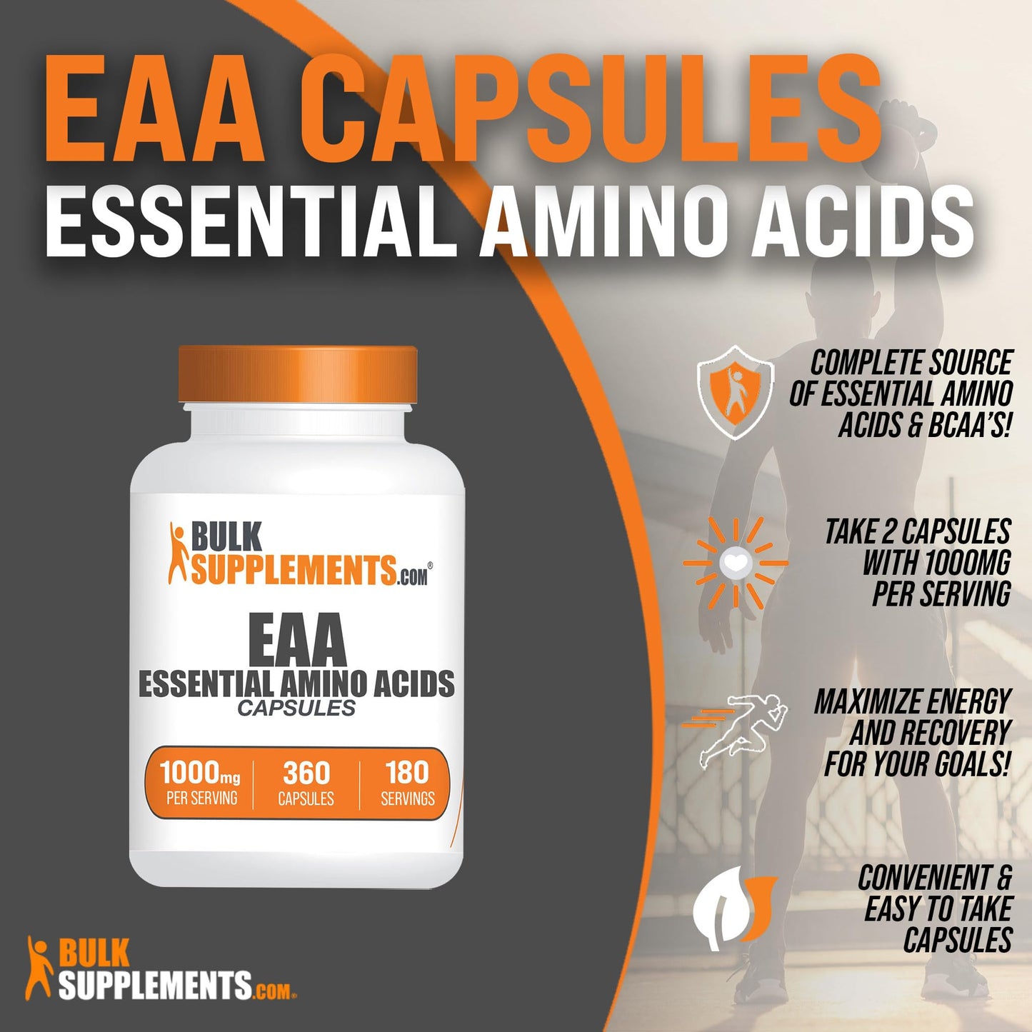 BulkSupplements.com Essential Amino Acids Capsules (EAA) - Amino Acids Supplement - EAAs Amino Acids - EAA Capsules - 1000 mg Serving - 90 Day Supply (180 Gelatin Capsules)