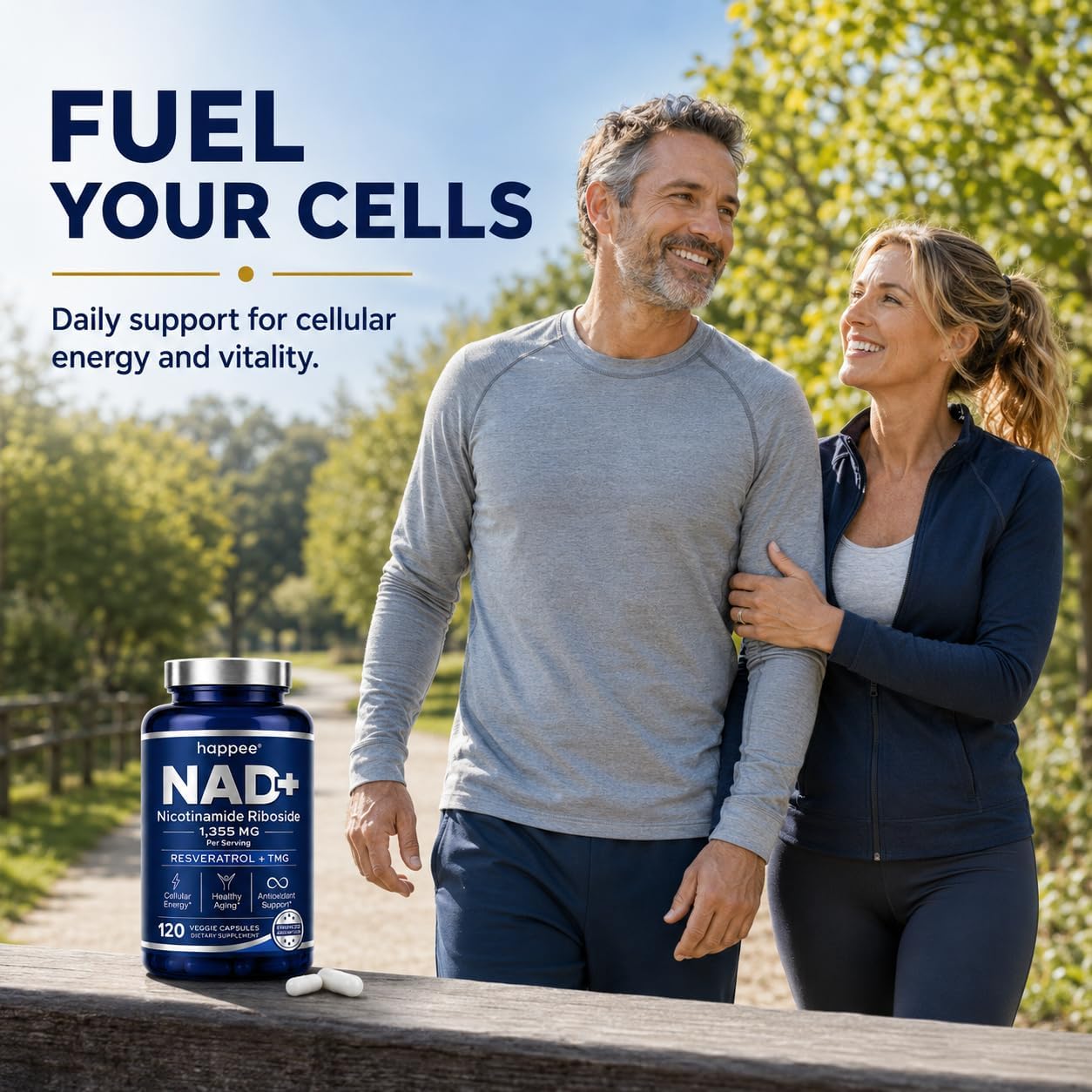 Happee NAD+ Nicotinamide Riboside Resveratrol Supplement Women Men 120ct | For Healthy Aging, Mental Clarity & Cellular Energy - 1355mg 6-in-1 NAD+ Supplement with NR & TMG