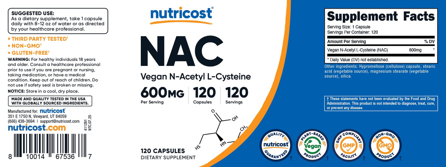 Nutricost N-Acetyl L-Cysteine (NAC) 600mg, 180 Capsules | GMO-Free And Gluten Free