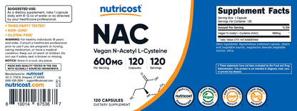 Nutricost N-Acetyl L-Cysteine (NAC) 600mg, 180 Capsules | GMO-Free And Gluten Free