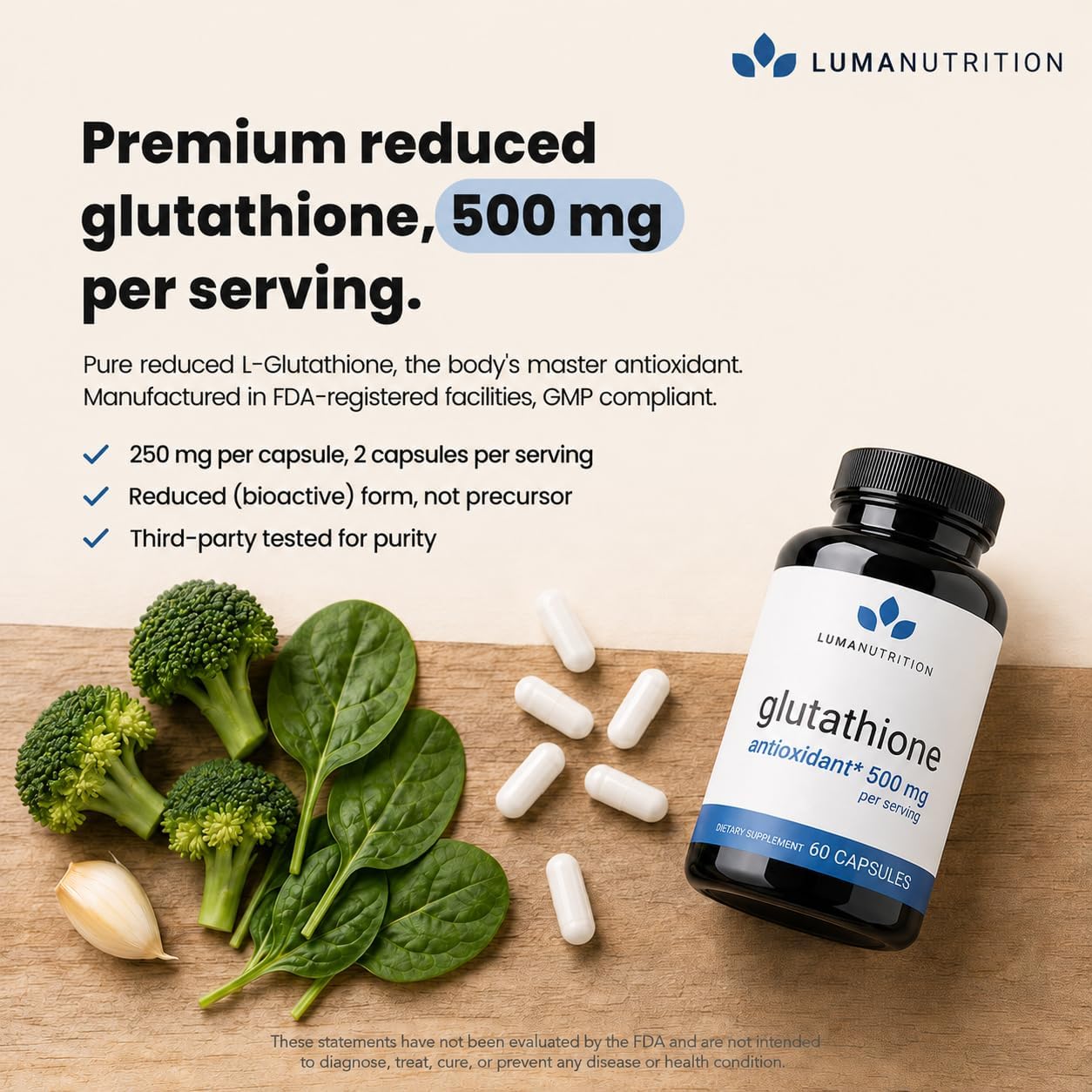 Luma Nutrition Premium Glutathione Supplement - 500mg - 60 Capsules