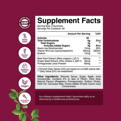 Flow Boosting Beet Root Gummies - Invigorating Beet Gummies for Adults Nitric Oxide Energy & Heart Health Support with Grapeseed Pomegranate & Vitamin B12 - Vegan Non-GMO & Gluten Free - 60 Count