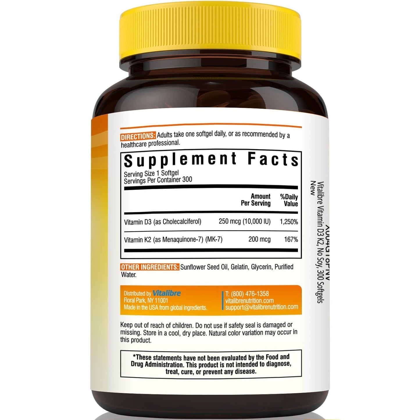 Vitalibre Vitamin D3 K2 Supplement, Vitamin D3 10000 IU & 200 mcg K2 MK7 | Enhanced Calcium Absorption, Bone, Heart, Immune & Mood Support, No Soy, Easy to Swallow, 90 Softgels