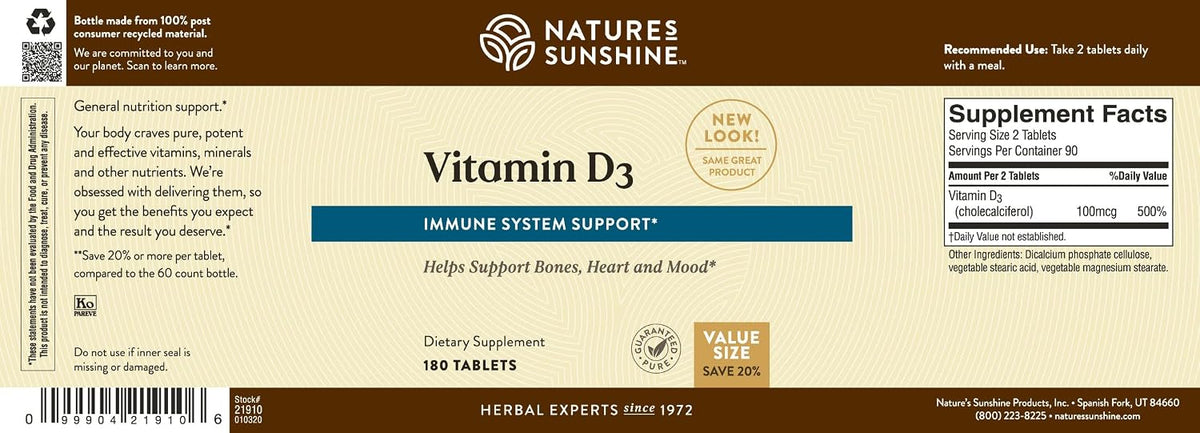Nature's Sunshine Vitamin D3, 180 Tablets | Supports Bone Health, Contributes to Overall Health, and May Improve Mood