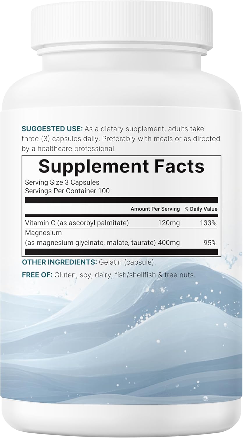 Micro Ingredients Pure Magnesium Complex, 300 Capsules | Triple Magnesium Glycinate, Malate, Taurate with Vitamin C | 100% Chelated | Supports Muscles, Nerves, & Energy | Only Active Ingredients