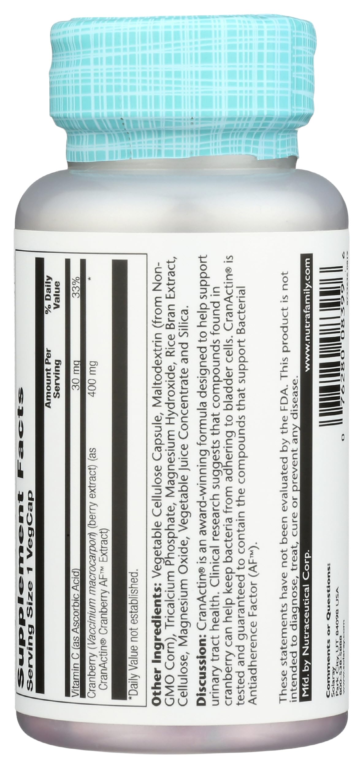 SOLARAY CranActin Cranberry Extract 400 mg - Cranberry Supplements for Women and Men - Bladder and Urinary Tract Health Support with Vitamin C - Vegan, 60-Day Guarantee, 120 Servings, 120 VegCaps