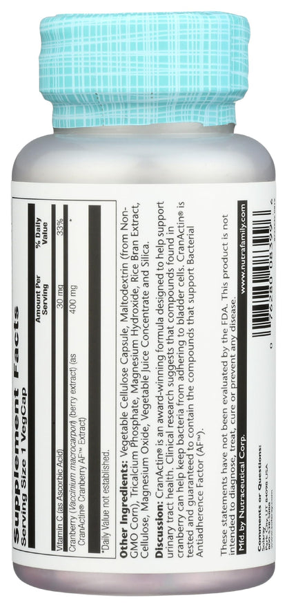 SOLARAY CranActin Cranberry Extract 400 mg - Cranberry Supplements for Women and Men - Bladder and Urinary Tract Health Support with Vitamin C - Vegan, 60-Day Guarantee, 120 Servings, 120 VegCaps