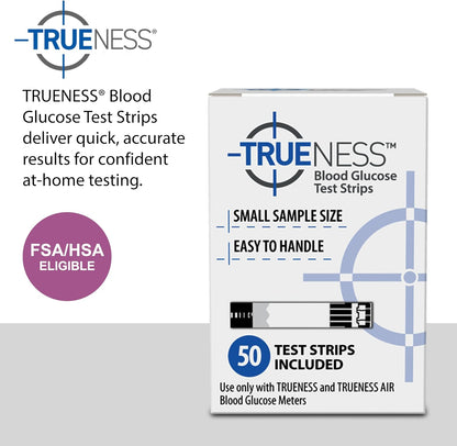 TRUENESS Blood Glucose Test Strips, 50 Count | Blood Glucose Test Strips Compatible with TRUENESS Family of Self Monitoring Blood Glucose Meters, Fast 5 Second Results