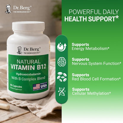 Dr. Berg Natural Vitamin B12 1000 mcg (Hydroxocobalamin) 60 Capsules – Energy, Brain & Nervous System Support* – w/B-Complex + Magnesium – 4X Lab Tested, GMO-Free, No Fillers
