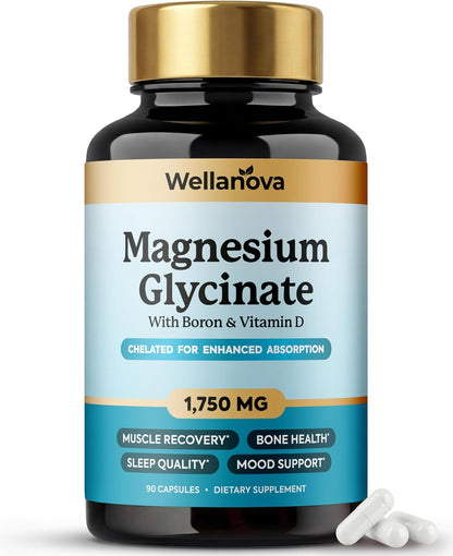Magnesium Glycinate (Chelated) 1,750 mg – Supplement to Support Stress | Stress Relief, Sleep, Muscle Relaxation & Recovery, With Boron & Vitamin D3, High Absorption, For Women & Men, 90 Capsules