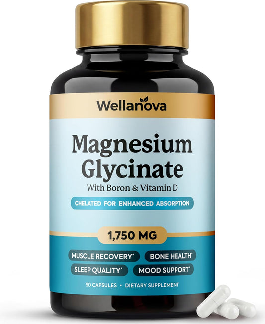 Magnesium Glycinate (Chelated) 1,750 mg – Supplement to Support Stress | Stress Relief, Sleep, Muscle Relaxation & Recovery, With Boron & Vitamin D3, High Absorption, For Women & Men, 90 Capsules