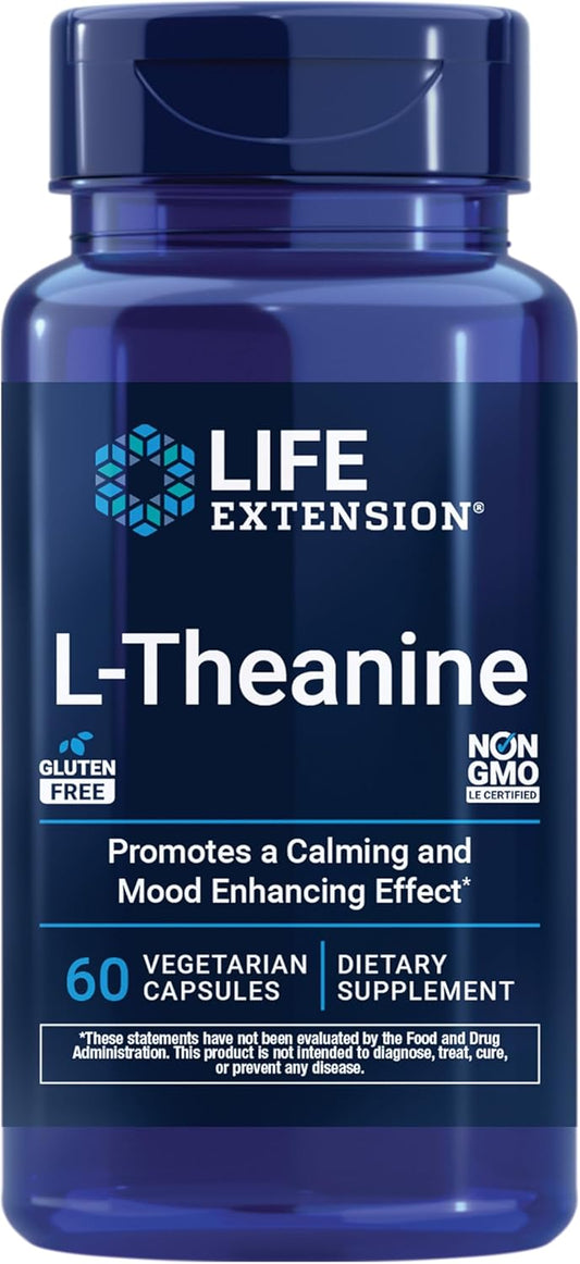 Life Extension L-Theanine, Amino Acid theanine, Calm, Relaxation, Mood, Gluten-Free, Non-GMO, Vegetarian, 200 mg, 60 Capsules | Amino Acid Theanine for Calm, Relaxation & Mood, Gluten-Free, Non-GMO & Vegetarian, 100 mg, 60 Capsules
