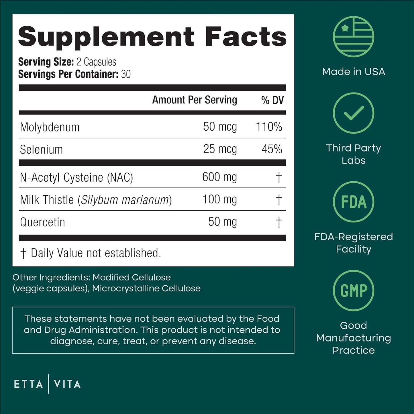 Etta Vita Vegan Liver Detox & Cleanse - NAC Supplement N-Acetyl Cysteine 600mg with Quercetin, Milk Thistle, Molybdenum & Selenium, N-Acetyl-Cysteine Capsules for Immune Support & Respiratory