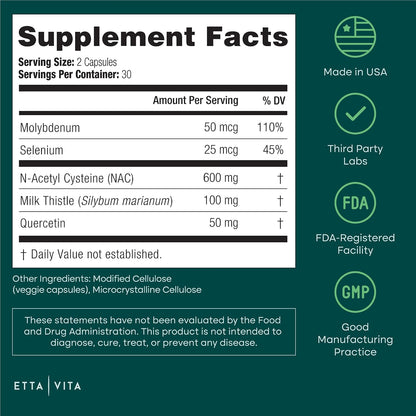 Etta Vita Vegan Liver Detox & Cleanse - NAC Supplement N-Acetyl Cysteine 600mg with Quercetin, Milk Thistle, Molybdenum & Selenium, N-Acetyl-Cysteine Capsules for Immune Support & Respiratory