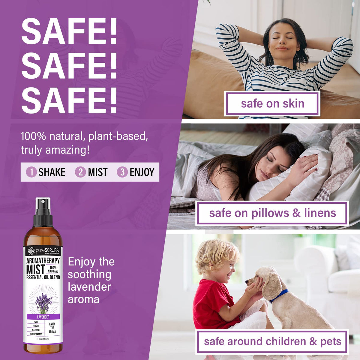 Shake, Mist & Enjoy - pureSCRUBS Premium Lavender Aromatherapy Spray Mist for Room, Body, Linens