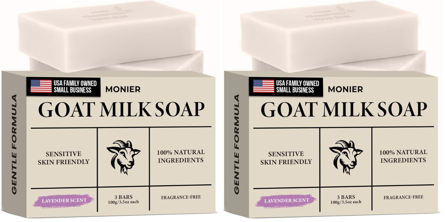 MONIER Goat Milk Soap Bar For Dry & Sensitive Skin - 100% Natural & Organic | Skin Care, Enriched With Shea Butter, Use On Face, Body & Hands, For Men, Women, Kids & Baby (Lavender, 3 Pack)