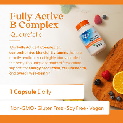 Doctor's Best Fully Active Vitamin B Complex Supplement for Men & Women - Super Complex with Methylated B12 & Folate, B6, Biotin, Pantothenic Acid, & More, Energy Support Caps - 30 Veggie Capsules