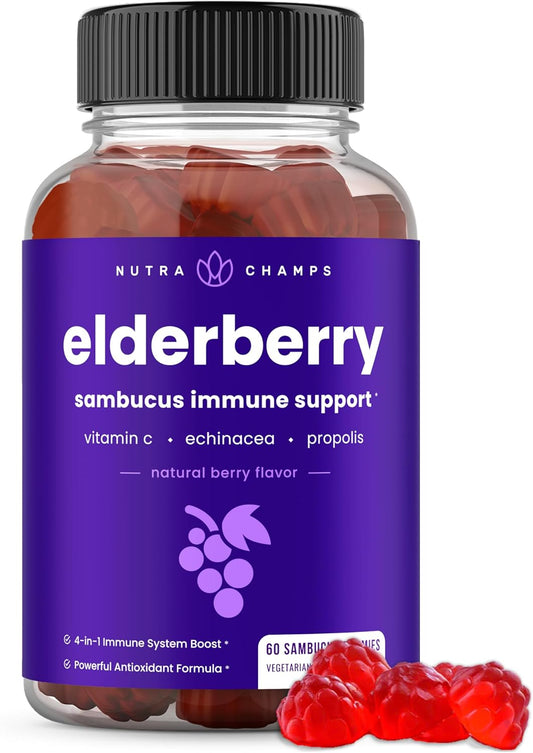 NutraChamps Elderberry Gummies with Vitamin C, Propolis & Echinacea - Immune System Support Gummy Vitamins for Adults & Kids - Max Strength 200mg Sambucus Antioxidant