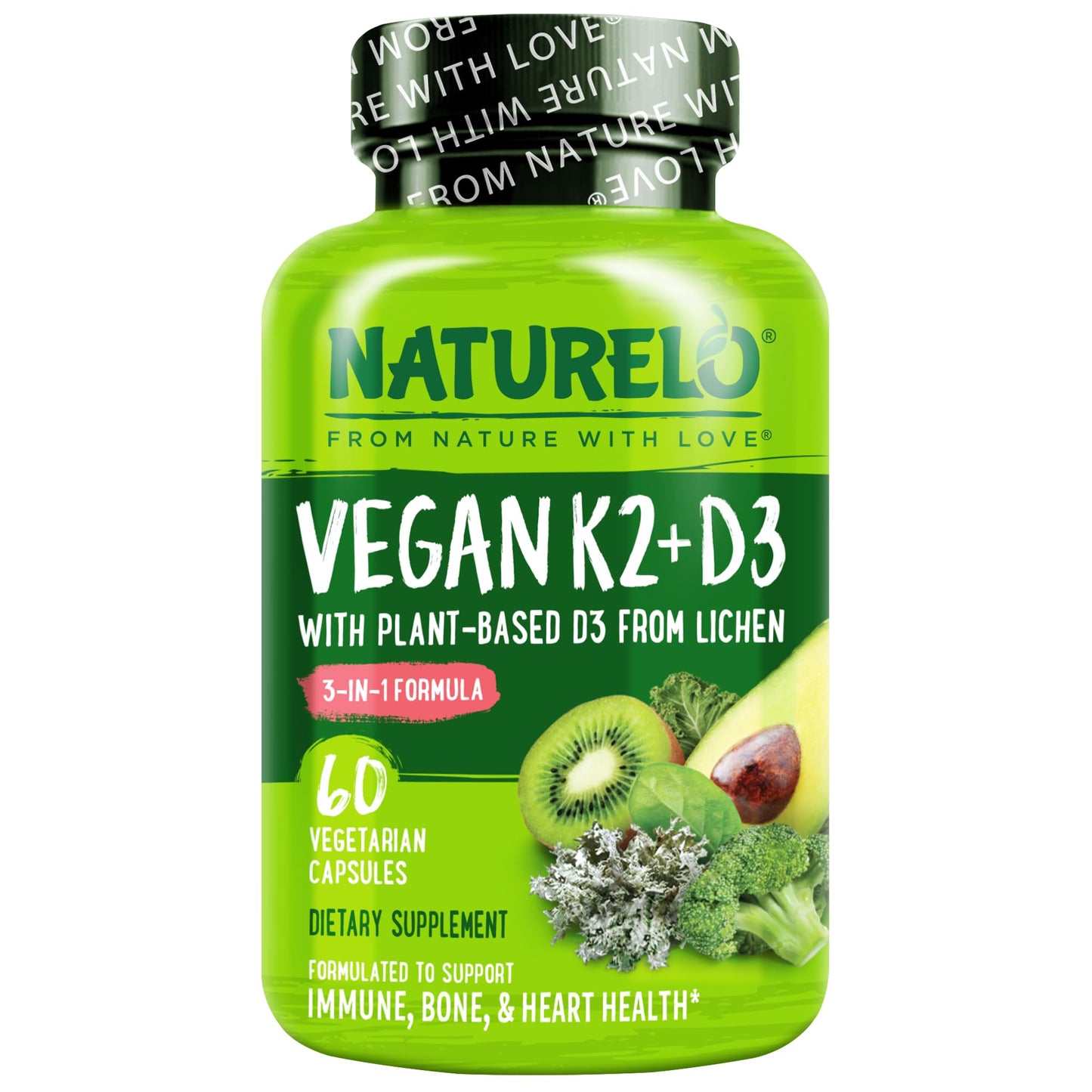 NATURELO Vitamin D3 K2 - Vegan with Plant Based D3 from Lichen - Natural Supplement for Immune System, Bone Support, Heart Health - Whole Food - Non-GMO - Gluten Free, 60 Capsules