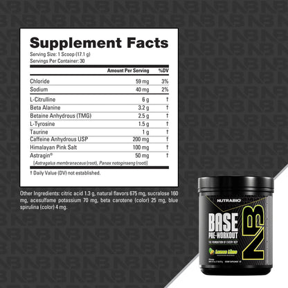 NutraBio Base Pre-Workout Powder 200mg Caffeine, Sustained Energy, Focus, Endurance, Pump, Sugar Free, Clean Preworkout for Men and Women - Beta Alanine, L-Tyrosine, 30 Servings - Lemon Lime