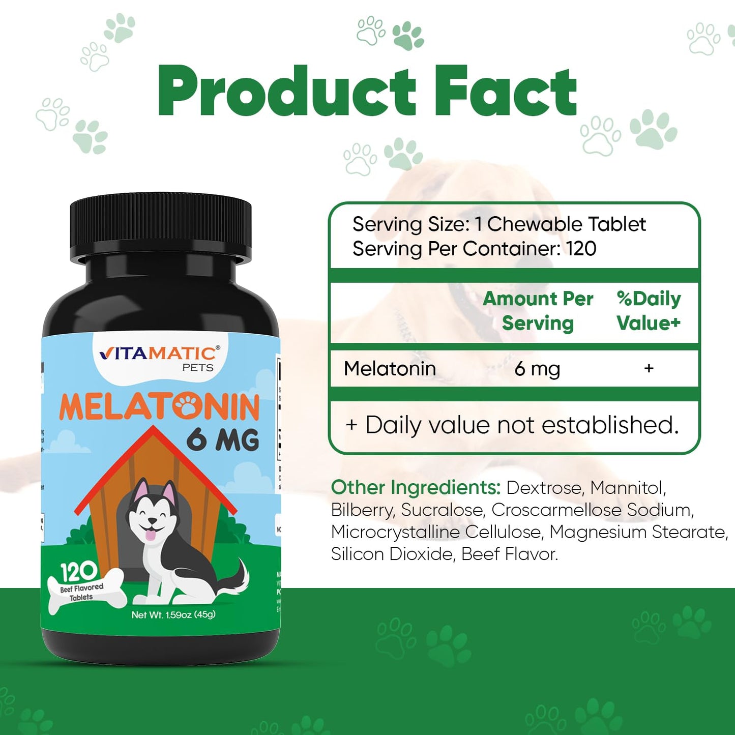 Vitamatic Pets Melatonin 6 mg Chewable Tablets for Dogs, 120 Count | Sleep Health Support*, Beef Flavored Tablet, Non-GMO, Gluten Free, Made in USA