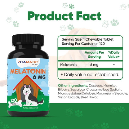 Vitamatic Pets Melatonin 6 mg Chewable Tablets for Dogs, 120 Count | Sleep Health Support*, Beef Flavored Tablet, Non-GMO, Gluten Free, Made in USA
