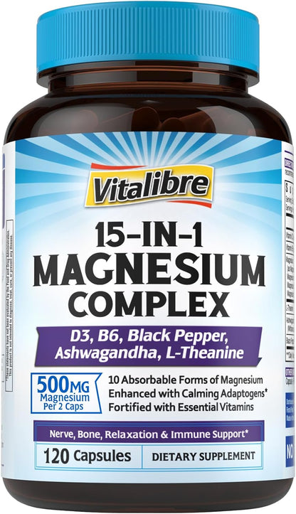 Vitalibre 15 in 1 Magnesium Complex for Women Men, 120 Vegan Capsules | Magnesium Glycinate, Malate, Taurate and More, with Ashwagandha, L-Theanine, Vitamin D3 & B6, Relaxation, Bone, Nerve Support