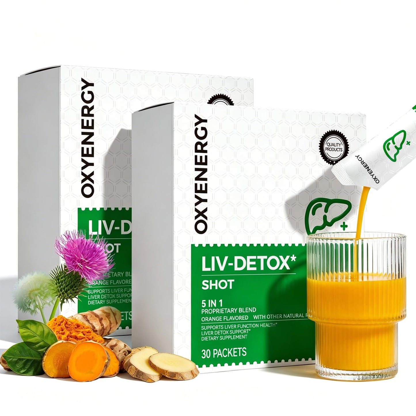 OxyEnergy Liver Cleanse Detox & Repair, Organic Milk Thistle Liver Detox Supplement with Turmeric, Ginger, 5-in-1 Support Liver Health & Digestion & Hangover Relief, Vegetarian, Gluten-Free, 30 Packs