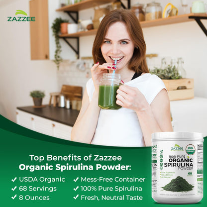 Zazzee USDA Organic Spirulina Powder, 2.2 Pounds (1 KG), 303 Servings, Certified Kosher, 100% Pure, Non-Irradiated, Mess-Free Wide Mouth Container, Fresh Smell and Neutral Taste, Non-GMO, Made in USA