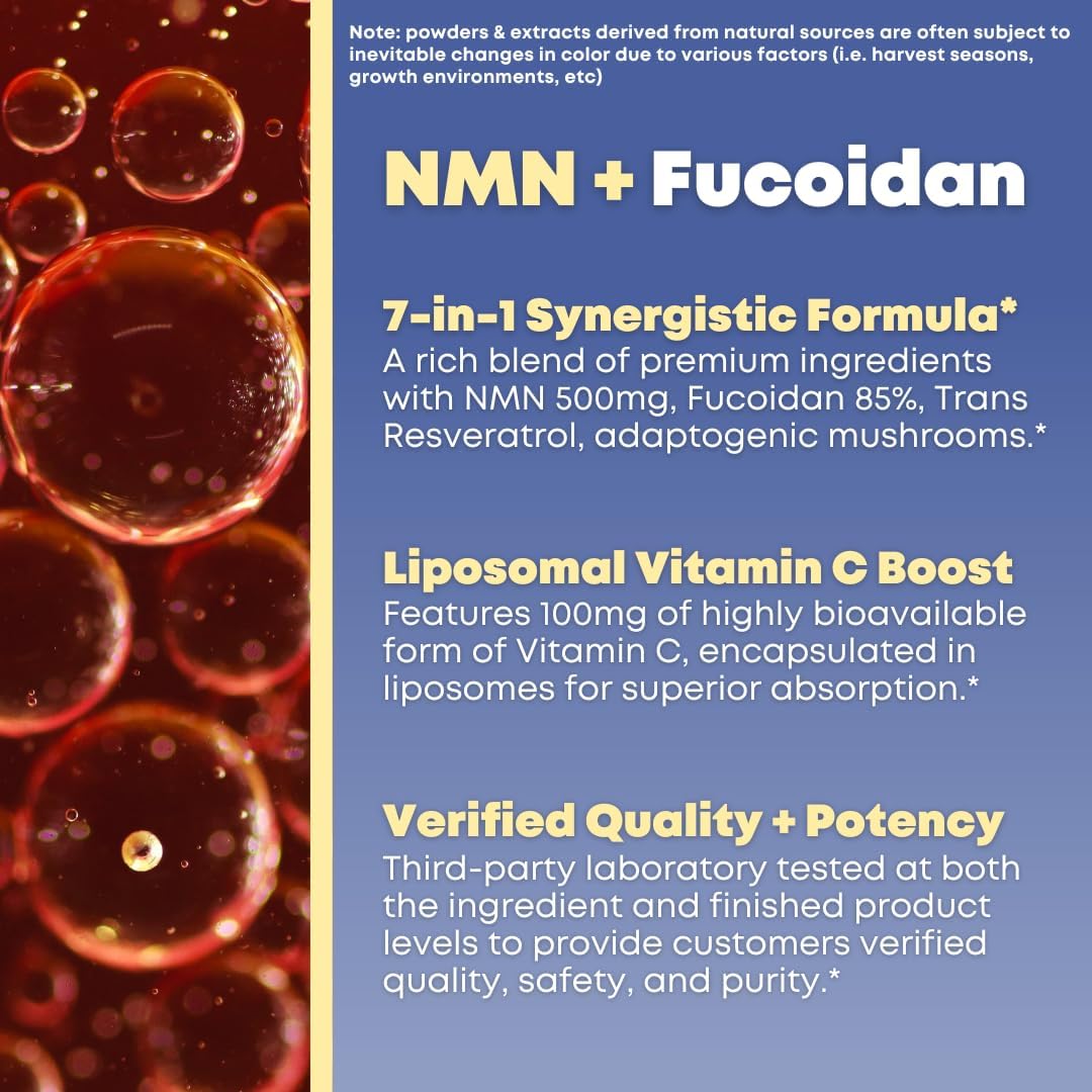 NMN 500mg & Fucoidan with Trans Resveratrol, Liposomal Vitamin C, Chaga, Reishi, Maitake Mushroom Extract - NAD+, Mitochondrial, Healthy Aging Support - 60 Capsules, Non GMO, Gluten Free Supplement