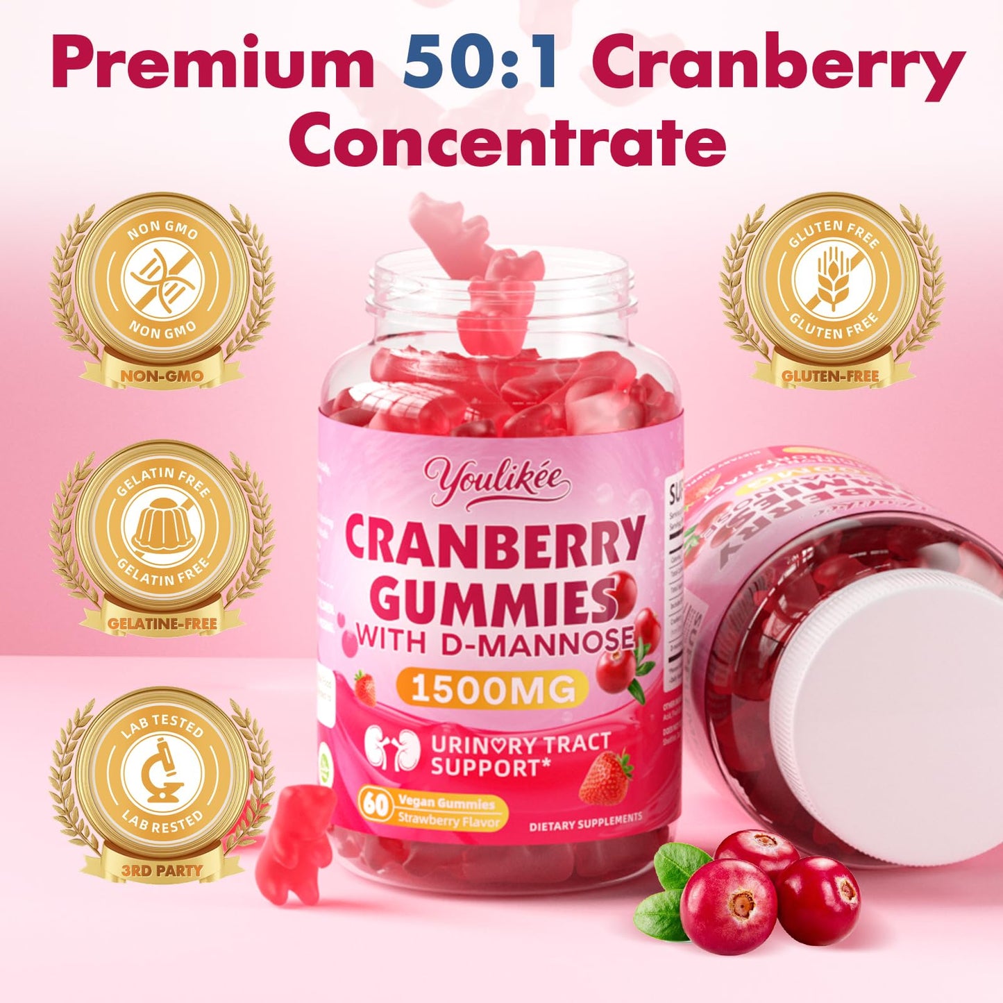 Vegan Cranberry Gummies 1500mg with D Mannose, Strawberry Flavor, 60 Count | Supports Urinary Tract Health for Women & Men, Sugar-free, Non-GMO and Gluten Free