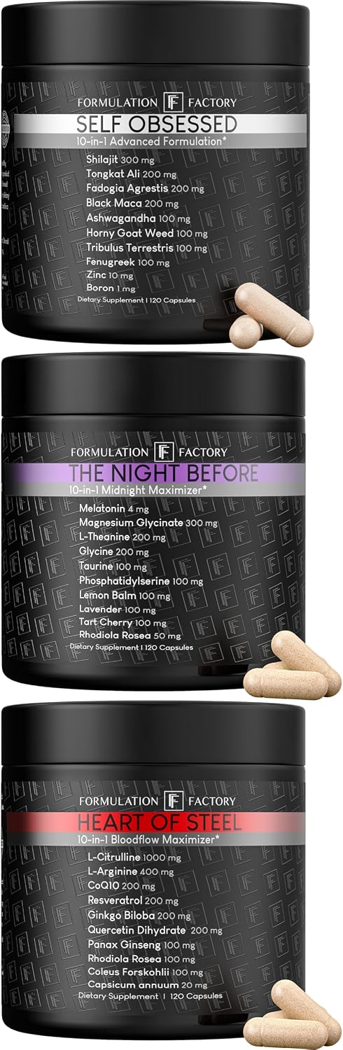 Formulation Factory Self Obsessed x Heart of Steel x The Night Before (Bundle) – Testosterone Support, Nitric Oxide Blood Flow & Magnesium Sleep Support for Men with Shilajit, L-Citrulline 1000mg & Me