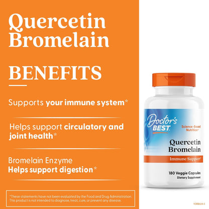 Doctor's Best Quercetin Bromelain, Immunity Support Capsule, Heart, Joint & Healthy Respiratory System, Non-GMO, Vegan, Gluten Free, Soy Free,180 VC