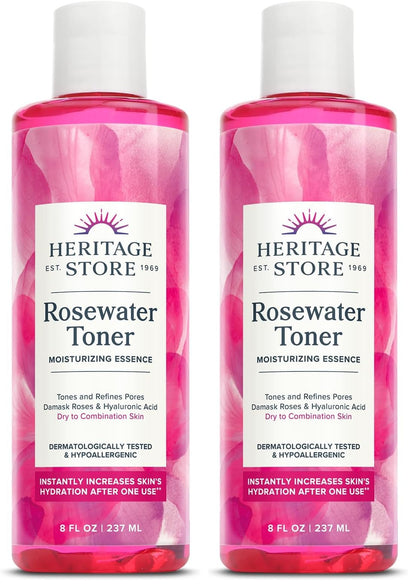 Heritage Store Rosewater Facial Toner with Hyaluronic Acid, Dry to Combination Skin Care, Hydrating Toner Refines Pores & Minimizes the Appearance of Fine Lines & Wrinkles, Alcohol Freeǂ, Vegan, 8oz