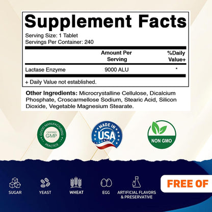 Vitamatic Lactase Enzyme 9000 FCC 240 Tablets - Lactose Intolerance Relief Caplets