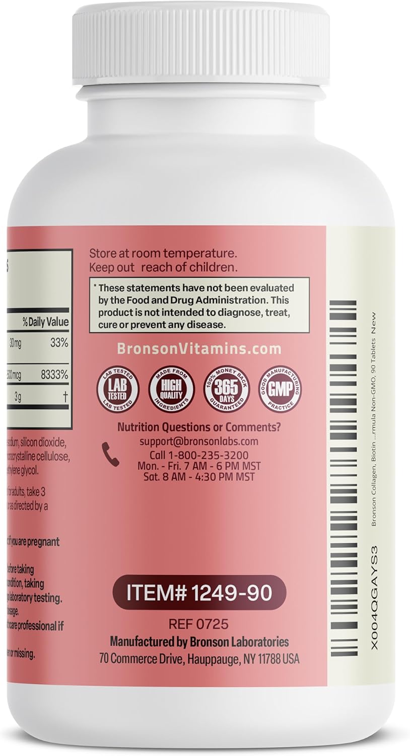 Bronson Collagen Peptides 3000mg with Biotin & Vitamin C, 90 Tablets | Hair, Skin & Nails Support, 3g Collagen per Serving, Non-GMO, Gluten-Free, Soy-Free