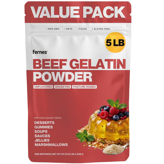 Fernes Bulk Beef Gelatin Powder (5 LB) Unflavored - Grass-Fed & Pasture-Raised, 225 Bloom Thickening Agent for Gummies, Marshmallows, Desserts & Baking - Keto, Paleo, Non-GMO, Kosher, Gluten-Free