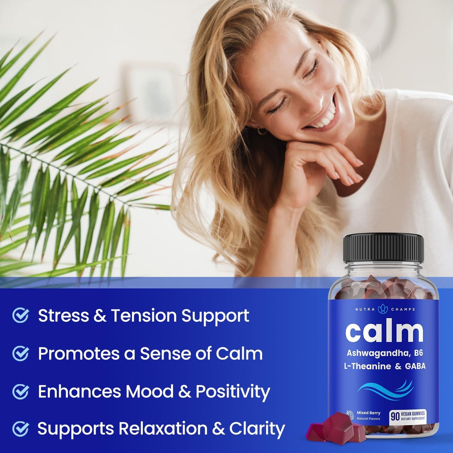 NutraChamps Calm Gummies, Stress Gummies Supplement with Ashwagandha, L-Theanine, GABA, Vitamin B6 & Lemon Balm, Supports Mood, Focus & Stress Relief, Natural Berry, 90 Gummies