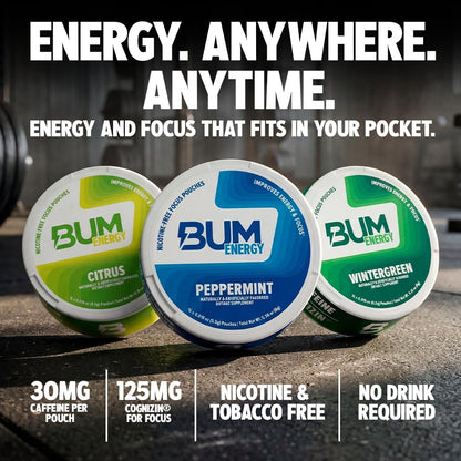 Bum Energy Pouches, Wintergreen, 30mg Caffeine + 125mg Cognizin Citicoline, Clean Energy & Focus, Discreet Oral Energy Pouches, 5 Packs of 16 Count