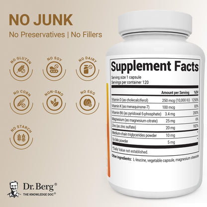 Dr. Berg Maximum Strength 7-in-1 Vitamin D3 K2 5000 IU | Naturally Derived D3 | 4X Lab-Tested & Verified | High Absorption Formula | K2 D3 Vitamin Supplement | 60 Capsules