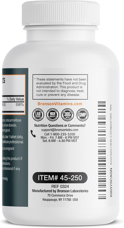 Bronson Vitamin C 500 mg Immune & Antioxidant Support, Non-GMO, 250 Tablets | Daily Vitamin C Replenishment, Vegetarian Formula, Gluten-Free & Soy-Free